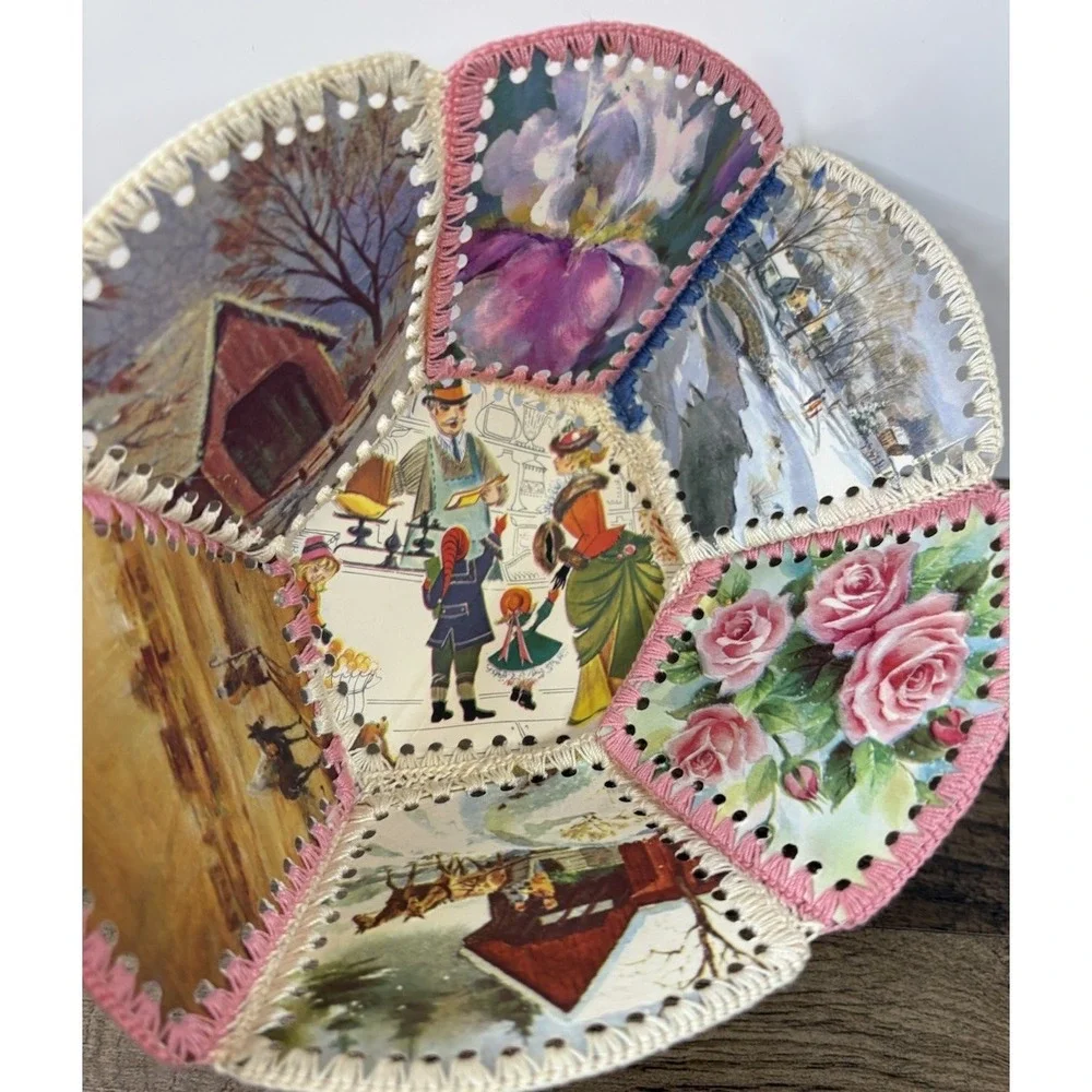 Vintage Handmade Stitched Ephemera Greeting Card Basket Christmas Bowl